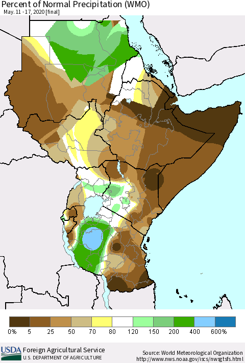Eastern Africa Percent of Normal Precipitation (WMO) Thematic Map For 5/11/2020 - 5/17/2020