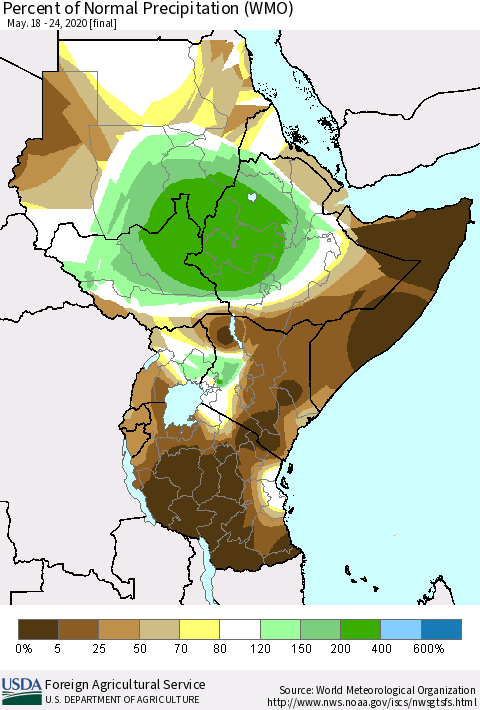 Eastern Africa Percent of Normal Precipitation (WMO) Thematic Map For 5/18/2020 - 5/24/2020