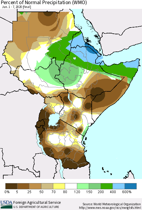 Eastern Africa Percent of Normal Precipitation (WMO) Thematic Map For 6/1/2020 - 6/7/2020