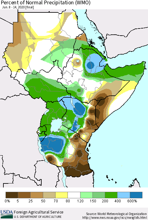 Eastern Africa Percent of Normal Precipitation (WMO) Thematic Map For 6/8/2020 - 6/14/2020