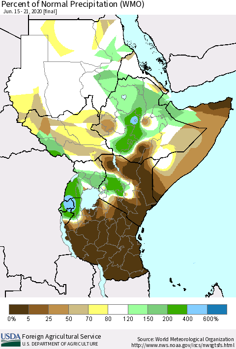 Eastern Africa Percent of Normal Precipitation (WMO) Thematic Map For 6/15/2020 - 6/21/2020