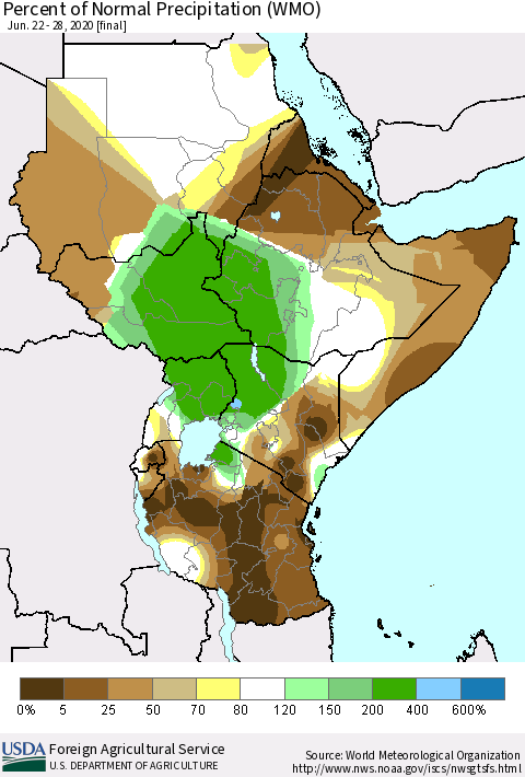 Eastern Africa Percent of Normal Precipitation (WMO) Thematic Map For 6/22/2020 - 6/28/2020