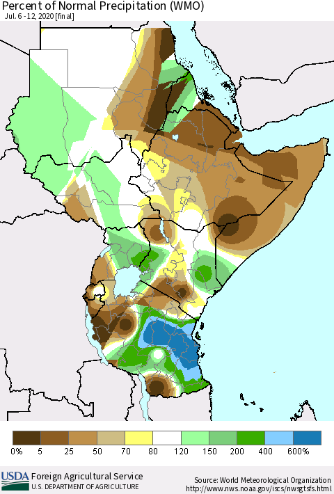 Eastern Africa Percent of Normal Precipitation (WMO) Thematic Map For 7/6/2020 - 7/12/2020