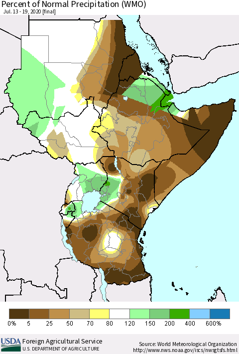 Eastern Africa Percent of Normal Precipitation (WMO) Thematic Map For 7/13/2020 - 7/19/2020
