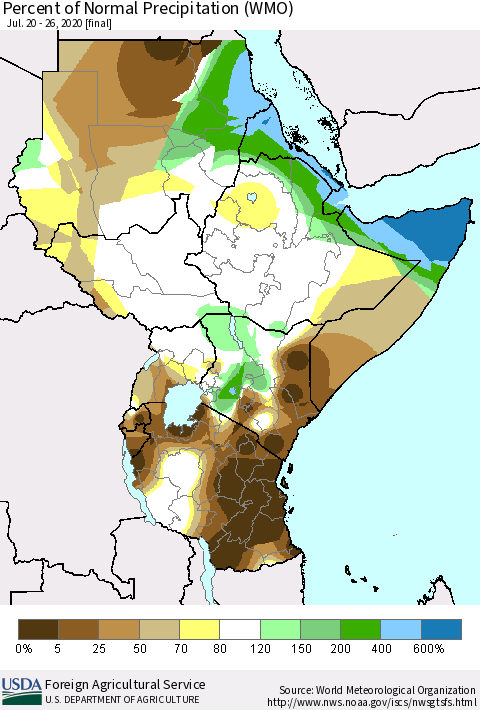 Eastern Africa Percent of Normal Precipitation (WMO) Thematic Map For 7/20/2020 - 7/26/2020