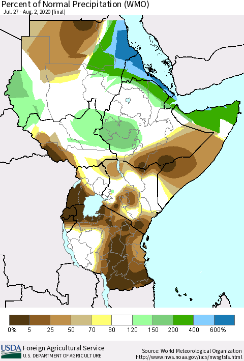 Eastern Africa Percent of Normal Precipitation (WMO) Thematic Map For 7/27/2020 - 8/2/2020