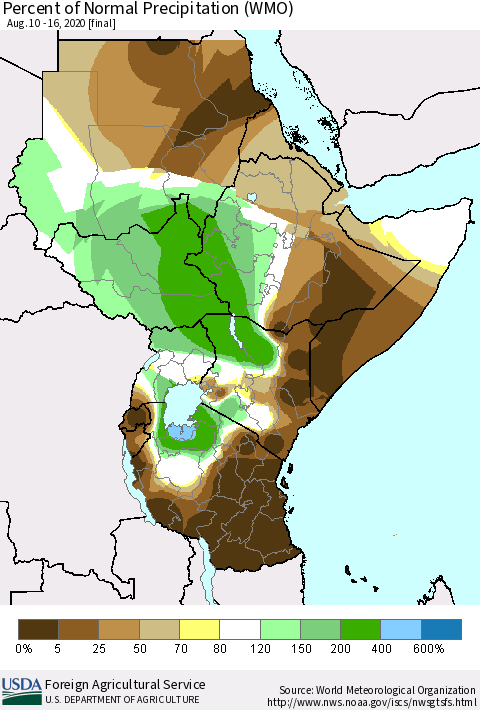 Eastern Africa Percent of Normal Precipitation (WMO) Thematic Map For 8/10/2020 - 8/16/2020