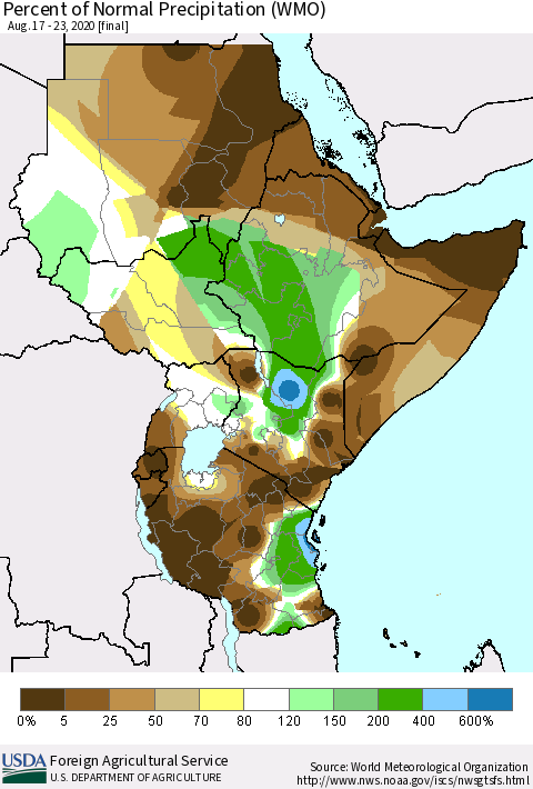 Eastern Africa Percent of Normal Precipitation (WMO) Thematic Map For 8/17/2020 - 8/23/2020