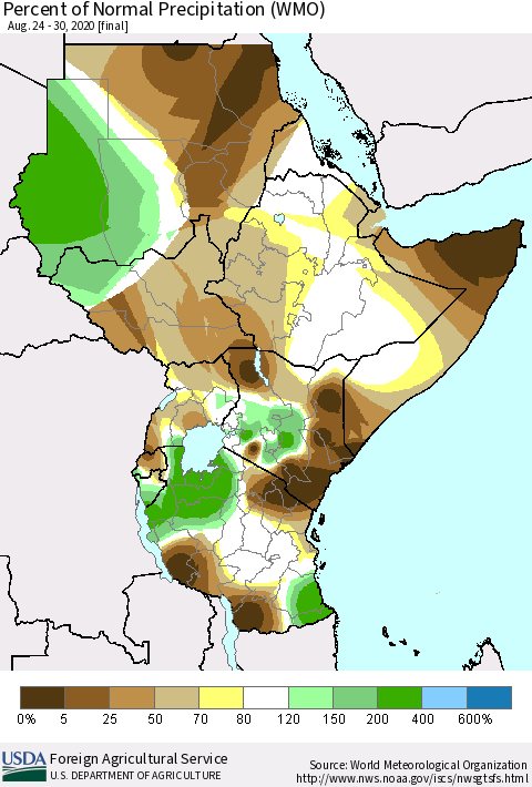Eastern Africa Percent of Normal Precipitation (WMO) Thematic Map For 8/24/2020 - 8/30/2020