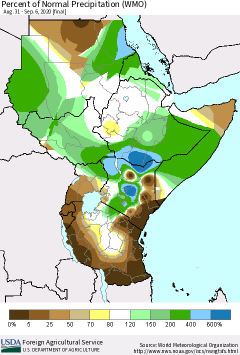 Eastern Africa Percent of Normal Precipitation (WMO) Thematic Map For 8/31/2020 - 9/6/2020
