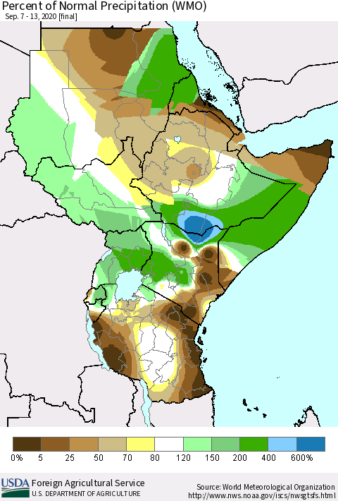Eastern Africa Percent of Normal Precipitation (WMO) Thematic Map For 9/7/2020 - 9/13/2020