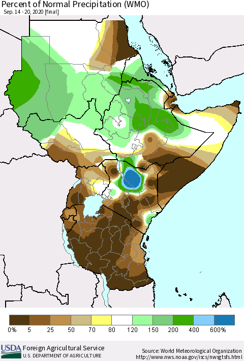 Eastern Africa Percent of Normal Precipitation (WMO) Thematic Map For 9/14/2020 - 9/20/2020
