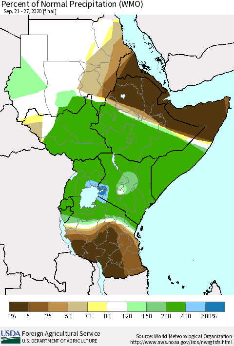 Eastern Africa Percent of Normal Precipitation (WMO) Thematic Map For 9/21/2020 - 9/27/2020