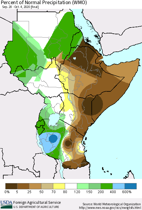 Eastern Africa Percent of Normal Precipitation (WMO) Thematic Map For 9/28/2020 - 10/4/2020