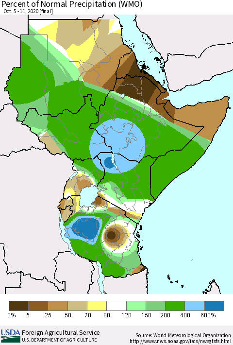 Eastern Africa Percent of Normal Precipitation (WMO) Thematic Map For 10/5/2020 - 10/11/2020