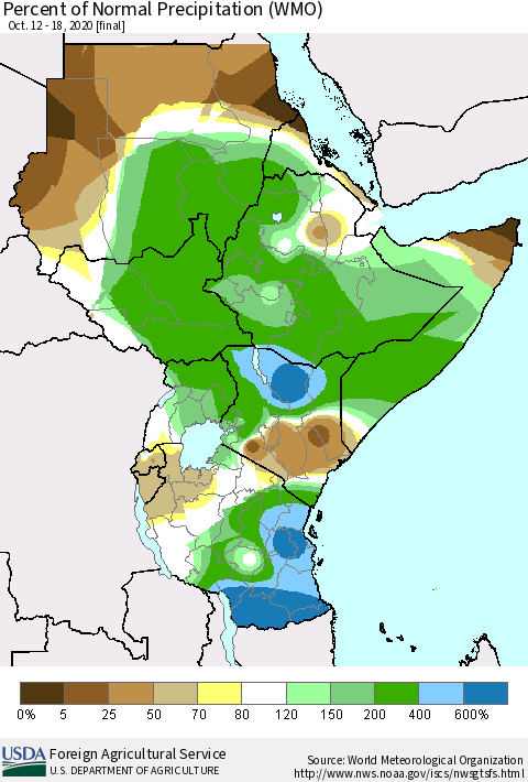 Eastern Africa Percent of Normal Precipitation (WMO) Thematic Map For 10/12/2020 - 10/18/2020
