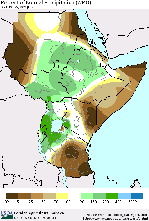 Eastern Africa Percent of Normal Precipitation (WMO) Thematic Map For 10/19/2020 - 10/25/2020