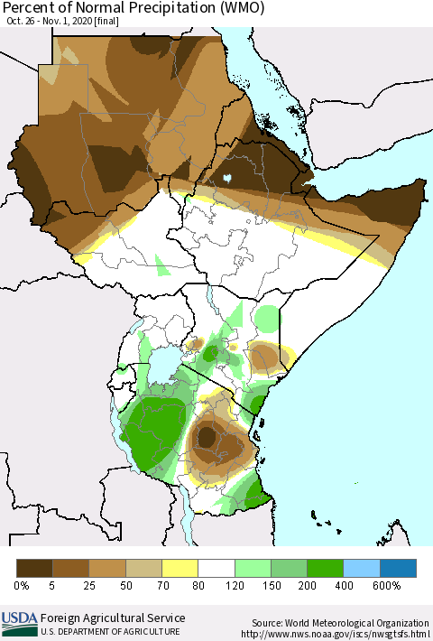 Eastern Africa Percent of Normal Precipitation (WMO) Thematic Map For 10/26/2020 - 11/1/2020