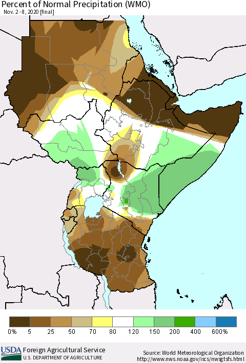 Eastern Africa Percent of Normal Precipitation (WMO) Thematic Map For 11/2/2020 - 11/8/2020