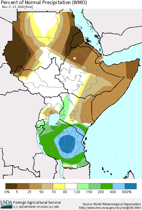 Eastern Africa Percent of Normal Precipitation (WMO) Thematic Map For 11/9/2020 - 11/15/2020