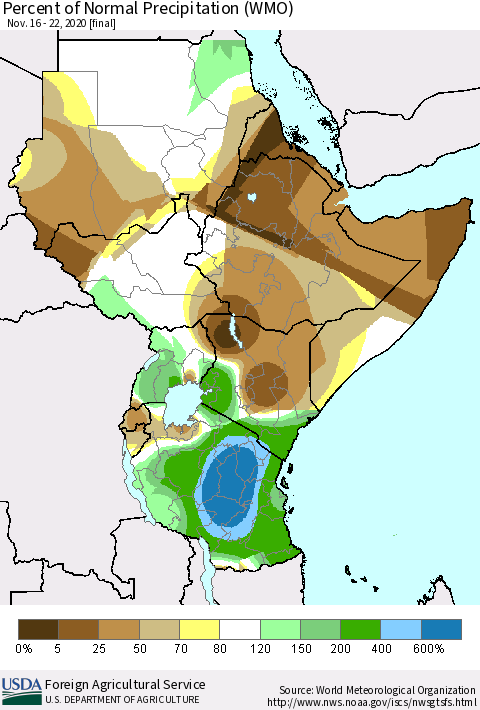 Eastern Africa Percent of Normal Precipitation (WMO) Thematic Map For 11/16/2020 - 11/22/2020