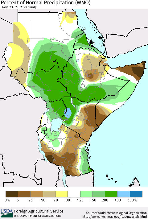 Eastern Africa Percent of Normal Precipitation (WMO) Thematic Map For 11/23/2020 - 11/29/2020