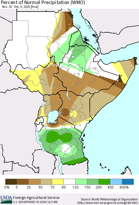 Eastern Africa Percent of Normal Precipitation (WMO) Thematic Map For 11/30/2020 - 12/6/2020