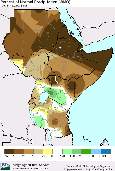 Eastern Africa Percent of Normal Precipitation (WMO) Thematic Map For 12/14/2020 - 12/20/2020