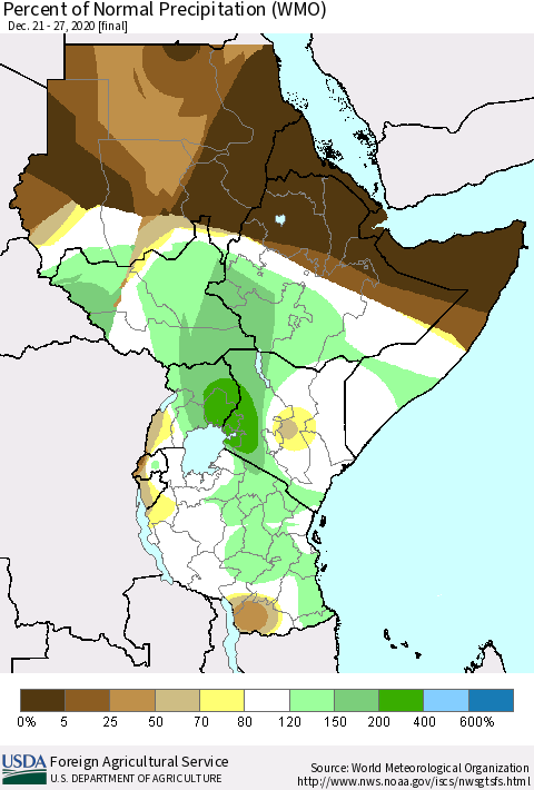 Eastern Africa Percent of Normal Precipitation (WMO) Thematic Map For 12/21/2020 - 12/27/2020