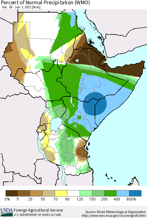 Eastern Africa Percent of Normal Precipitation (WMO) Thematic Map For 12/28/2020 - 1/3/2021