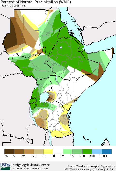 Eastern Africa Percent of Normal Precipitation (WMO) Thematic Map For 1/4/2021 - 1/10/2021