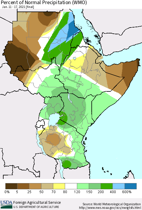 Eastern Africa Percent of Normal Precipitation (WMO) Thematic Map For 1/11/2021 - 1/17/2021