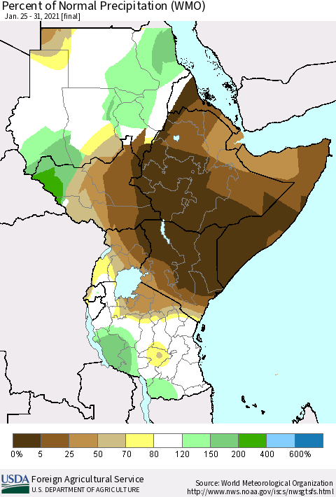 Eastern Africa Percent of Normal Precipitation (WMO) Thematic Map For 1/25/2021 - 1/31/2021