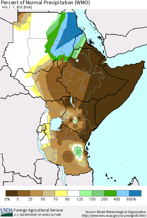 Eastern Africa Percent of Normal Precipitation (WMO) Thematic Map For 2/1/2021 - 2/7/2021