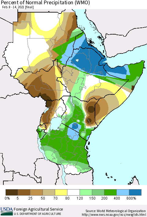 Eastern Africa Percent of Normal Precipitation (WMO) Thematic Map For 2/8/2021 - 2/14/2021