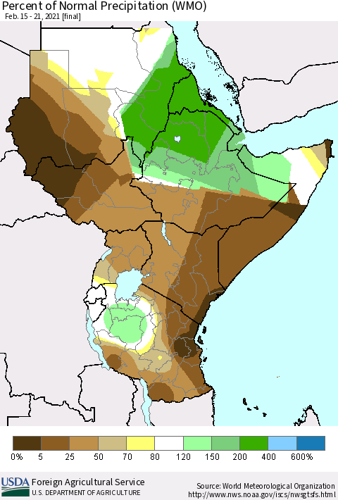 Eastern Africa Percent of Normal Precipitation (WMO) Thematic Map For 2/15/2021 - 2/21/2021