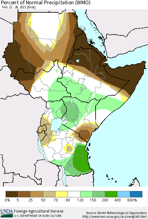 Eastern Africa Percent of Normal Precipitation (WMO) Thematic Map For 2/22/2021 - 2/28/2021