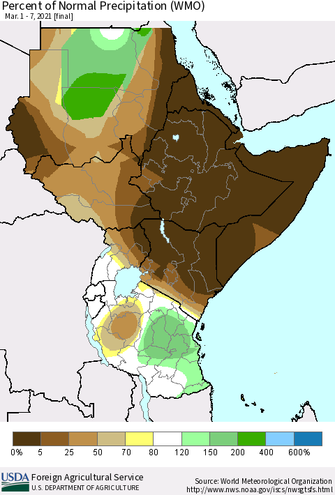 Eastern Africa Percent of Normal Precipitation (WMO) Thematic Map For 3/1/2021 - 3/7/2021
