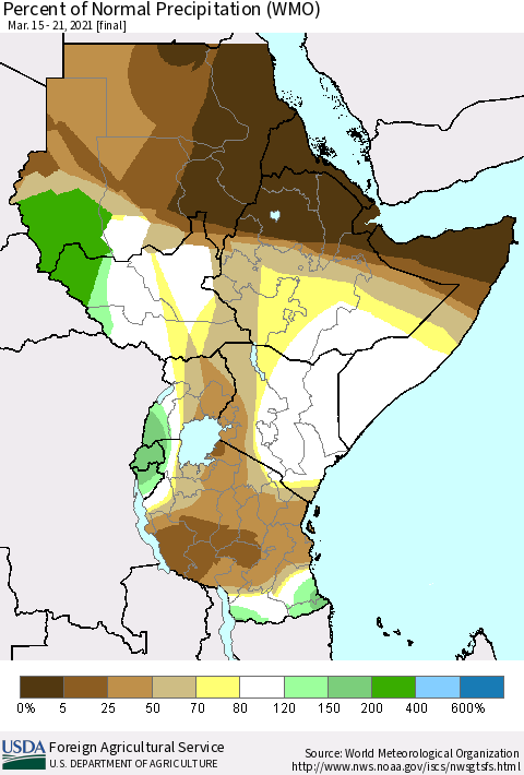 Eastern Africa Percent of Normal Precipitation (WMO) Thematic Map For 3/15/2021 - 3/21/2021