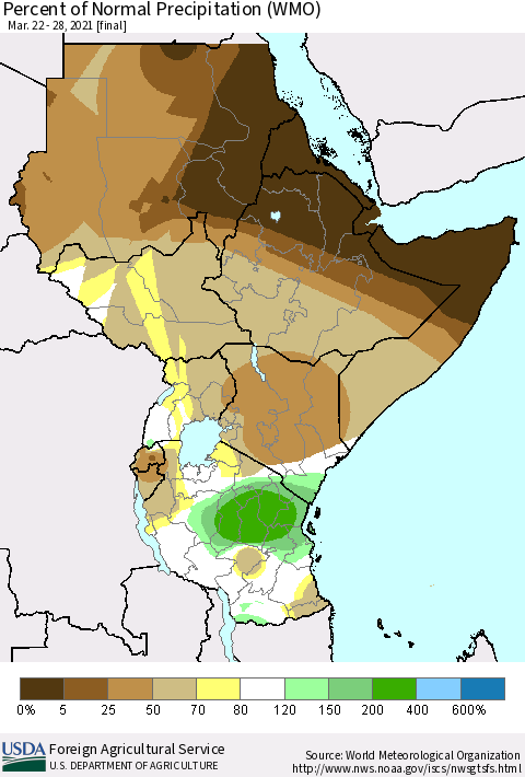 Eastern Africa Percent of Normal Precipitation (WMO) Thematic Map For 3/22/2021 - 3/28/2021