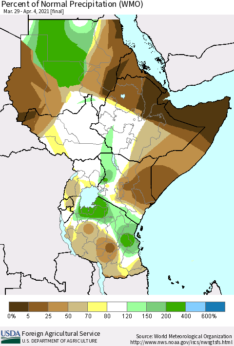 Eastern Africa Percent of Normal Precipitation (WMO) Thematic Map For 3/29/2021 - 4/4/2021