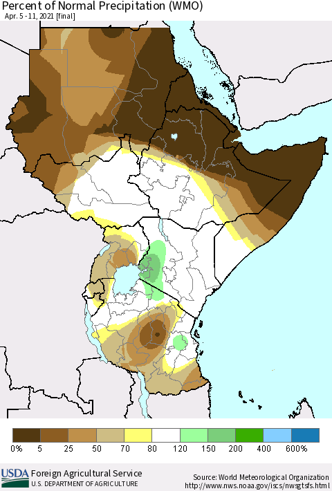 Eastern Africa Percent of Normal Precipitation (WMO) Thematic Map For 4/5/2021 - 4/11/2021