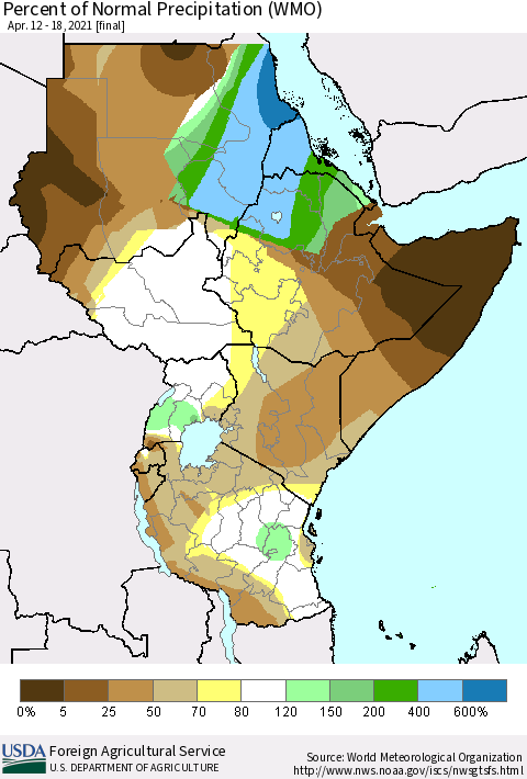 Eastern Africa Percent of Normal Precipitation (WMO) Thematic Map For 4/12/2021 - 4/18/2021