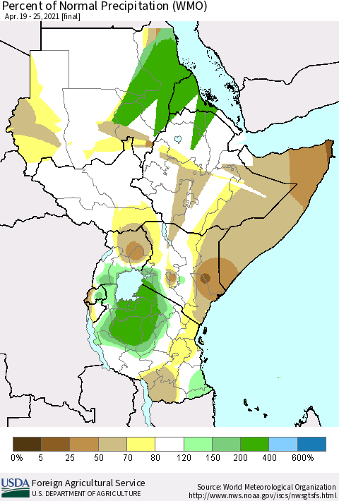 Eastern Africa Percent of Normal Precipitation (WMO) Thematic Map For 4/19/2021 - 4/25/2021