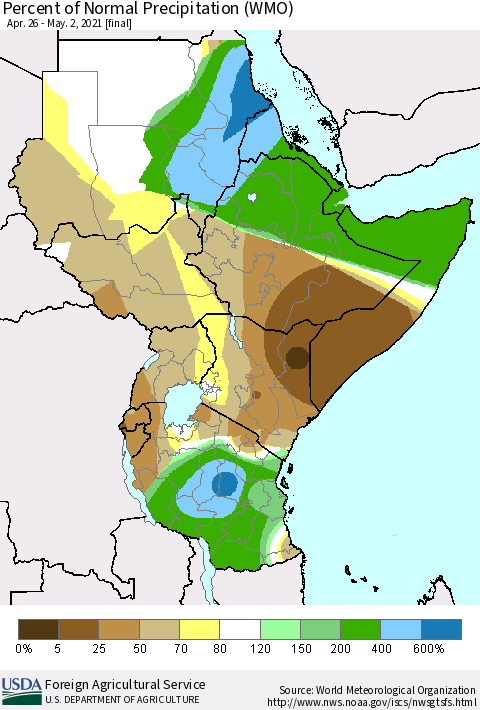 Eastern Africa Percent of Normal Precipitation (WMO) Thematic Map For 4/26/2021 - 5/2/2021