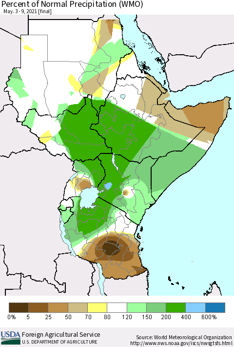 Eastern Africa Percent of Normal Precipitation (WMO) Thematic Map For 5/3/2021 - 5/9/2021