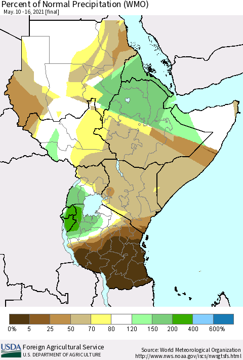 Eastern Africa Percent of Normal Precipitation (WMO) Thematic Map For 5/10/2021 - 5/16/2021