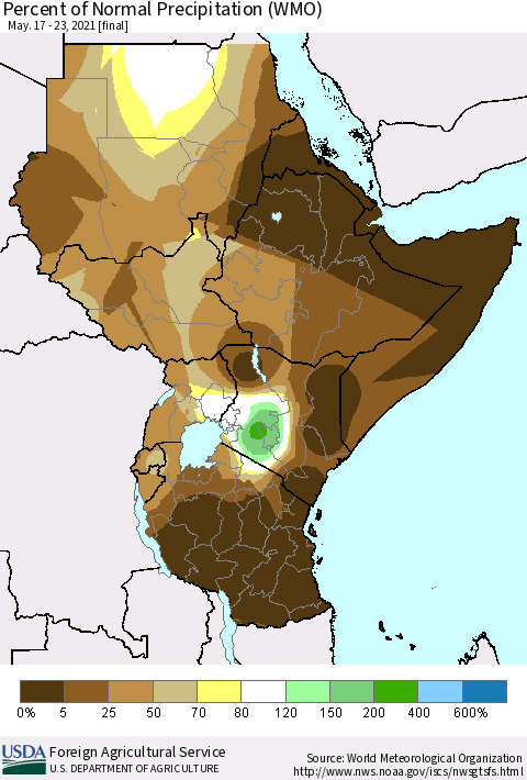 Eastern Africa Percent of Normal Precipitation (WMO) Thematic Map For 5/17/2021 - 5/23/2021
