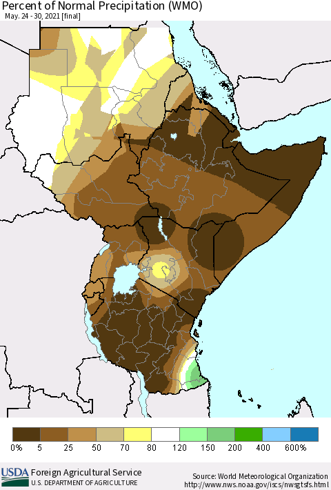 Eastern Africa Percent of Normal Precipitation (WMO) Thematic Map For 5/24/2021 - 5/30/2021