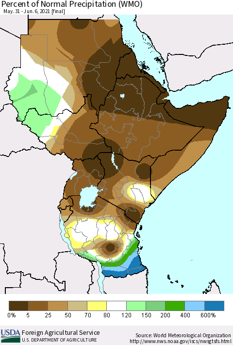 Eastern Africa Percent of Normal Precipitation (WMO) Thematic Map For 5/31/2021 - 6/6/2021